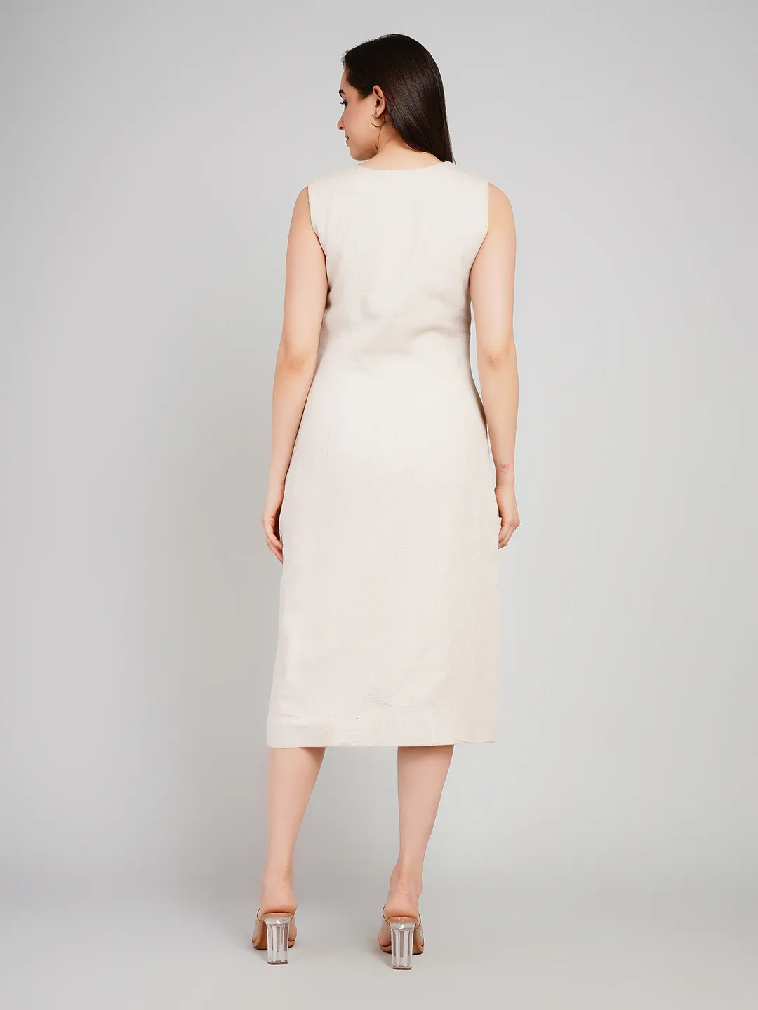 Women Cream Linen-Look Sleeveless Dress with Front Slit