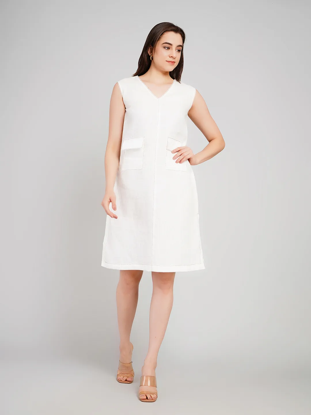 Women White Solid A-Line Dress with Contrast Stitching & Flap Pockets
