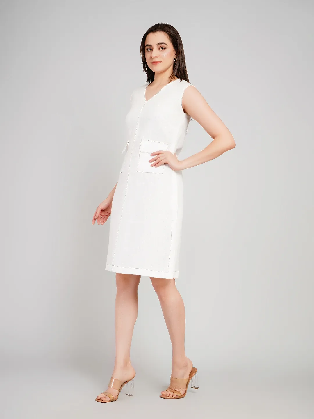 Women White Solid A-Line Dress with Contrast Stitching & Flap Pockets