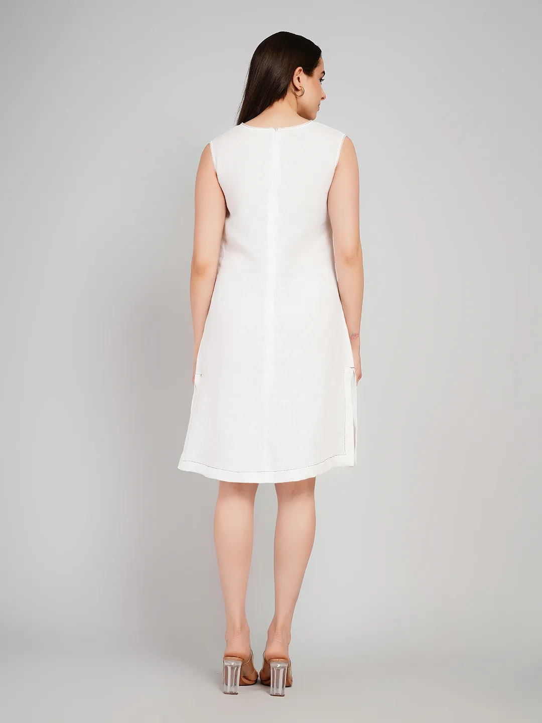 Women White Solid A-Line Dress with Contrast Stitching & Flap Pockets