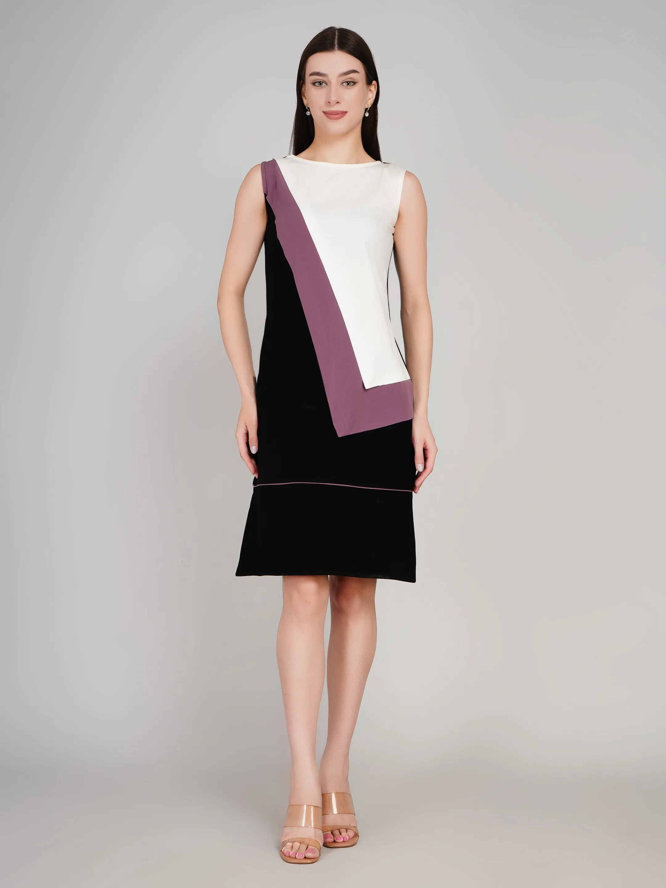 Women Black & White Color-Blocked A-Line Dress with Mauve Diagonal Layers