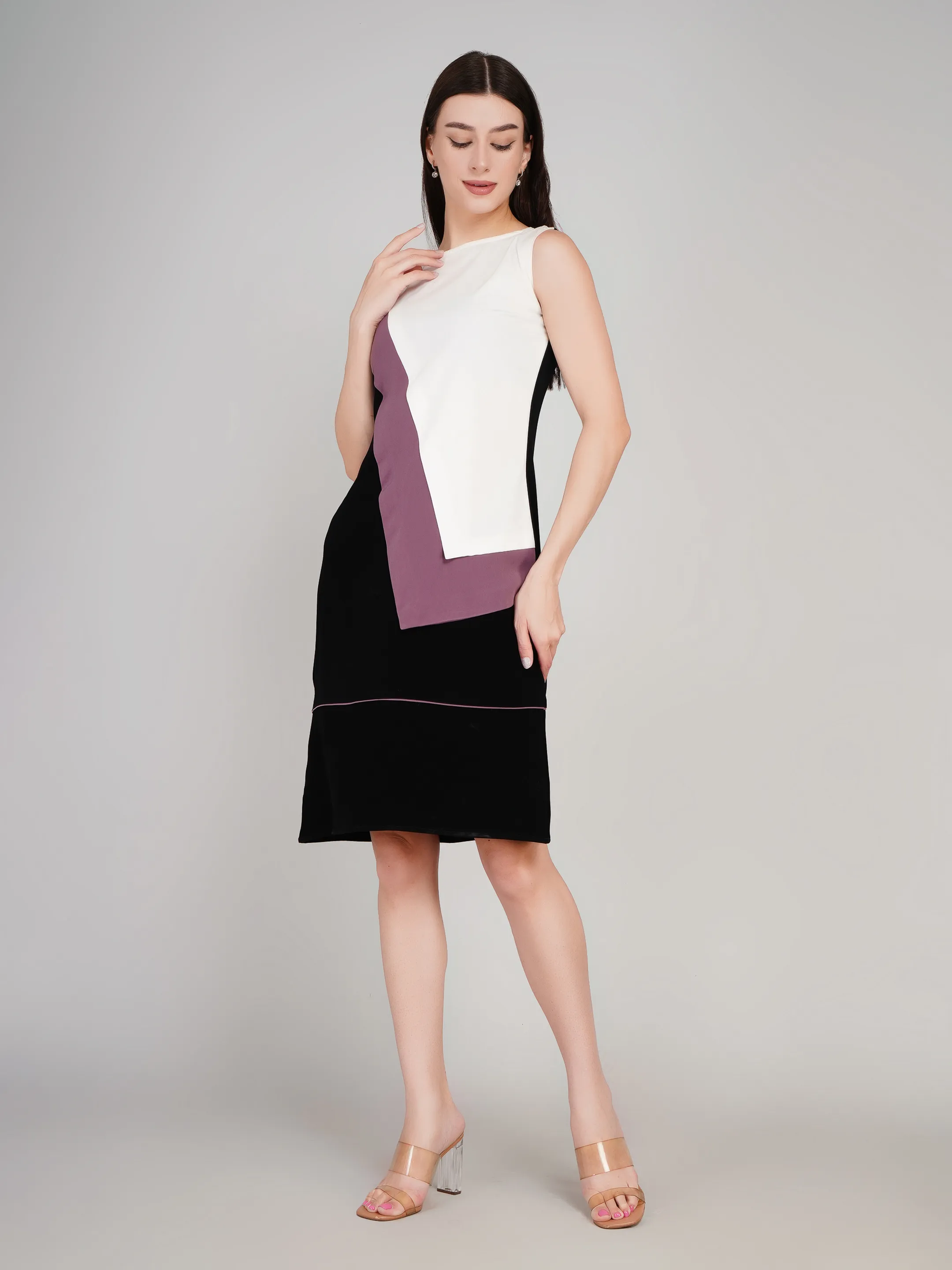 Women Black & White Color-Blocked A-Line Dress with Mauve Diagonal Layers