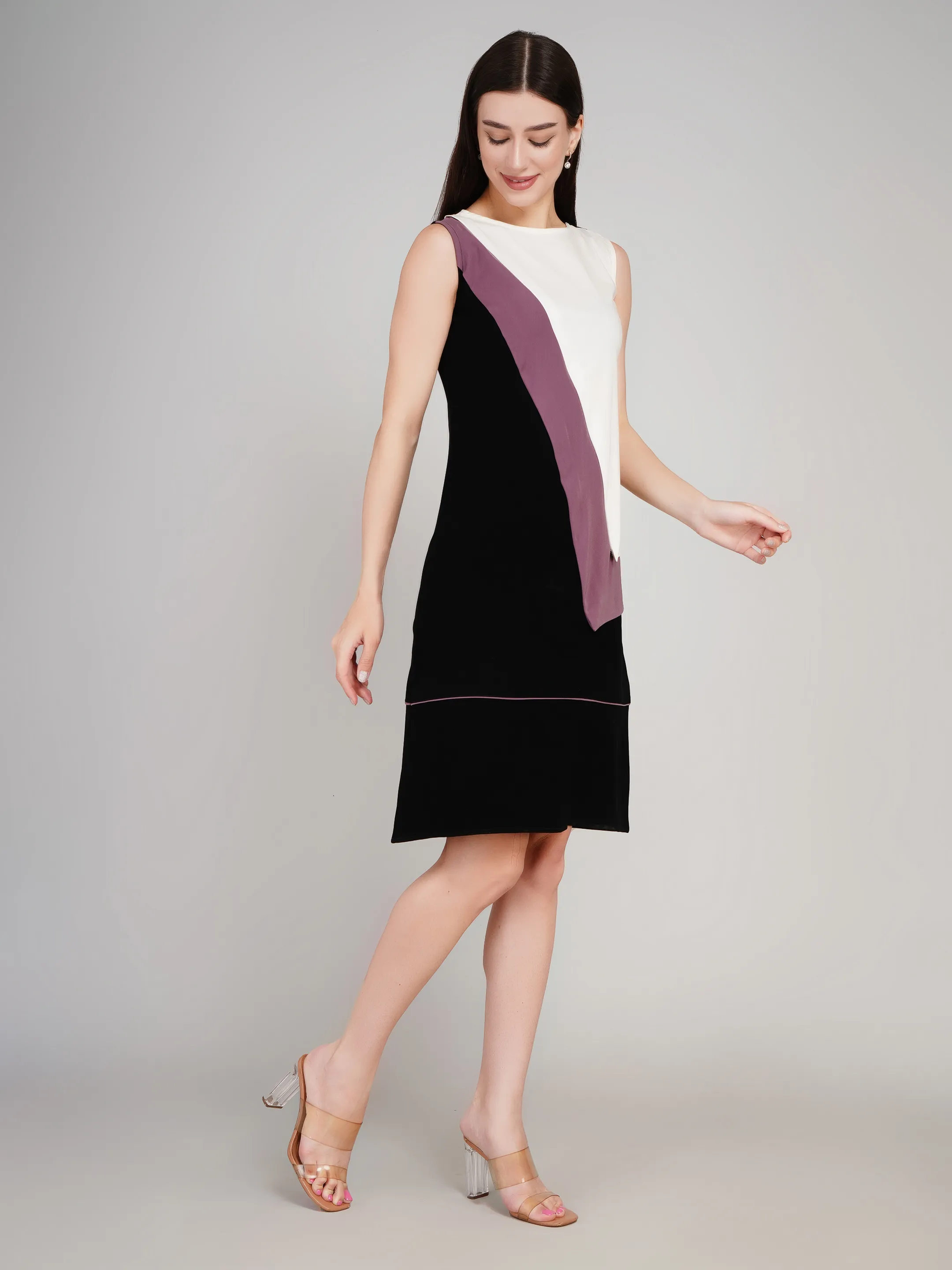 Women Black & White Color-Blocked A-Line Dress with Mauve Diagonal Layers