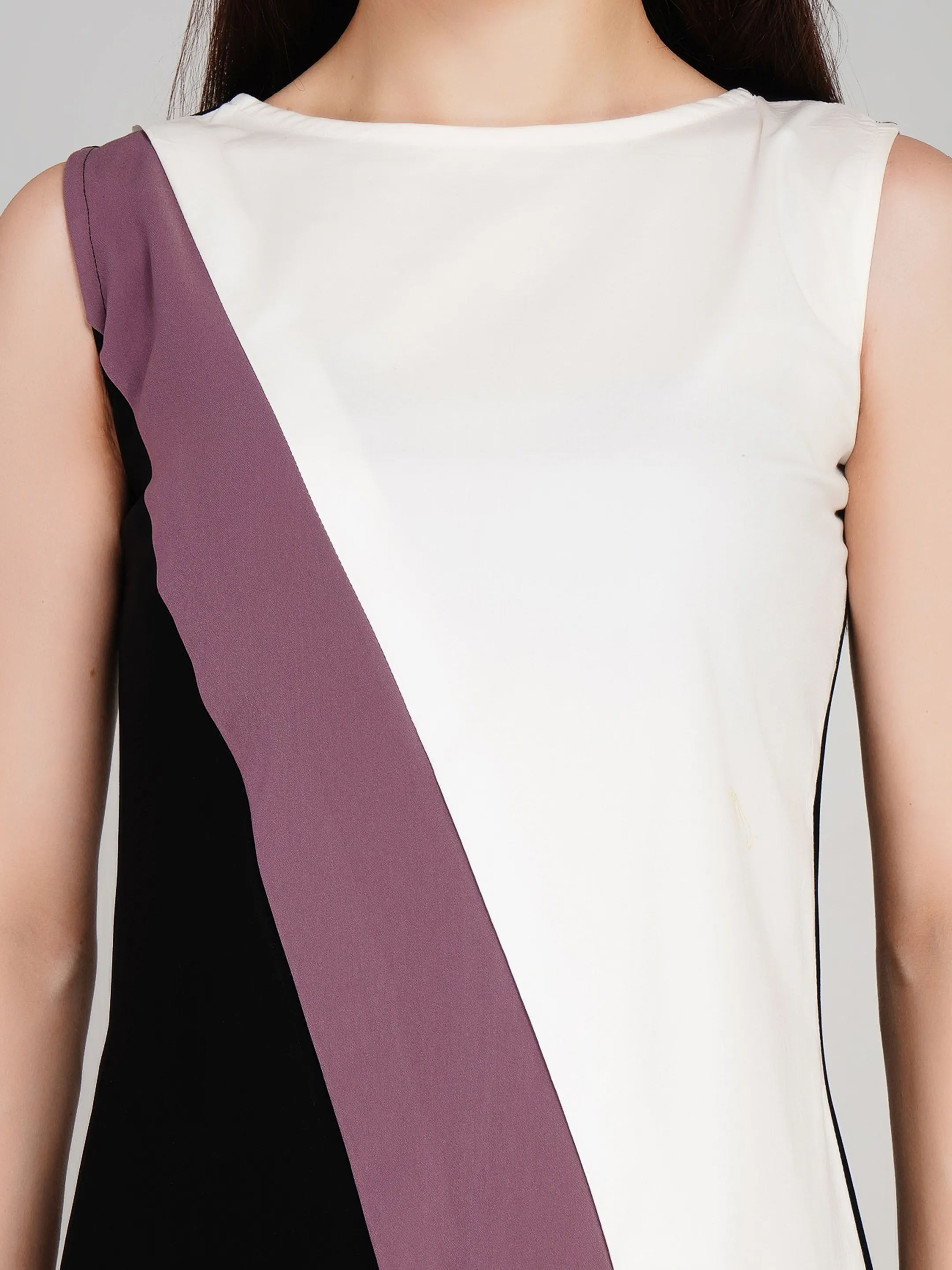 Women Black & White Color-Blocked A-Line Dress with Mauve Diagonal Layers