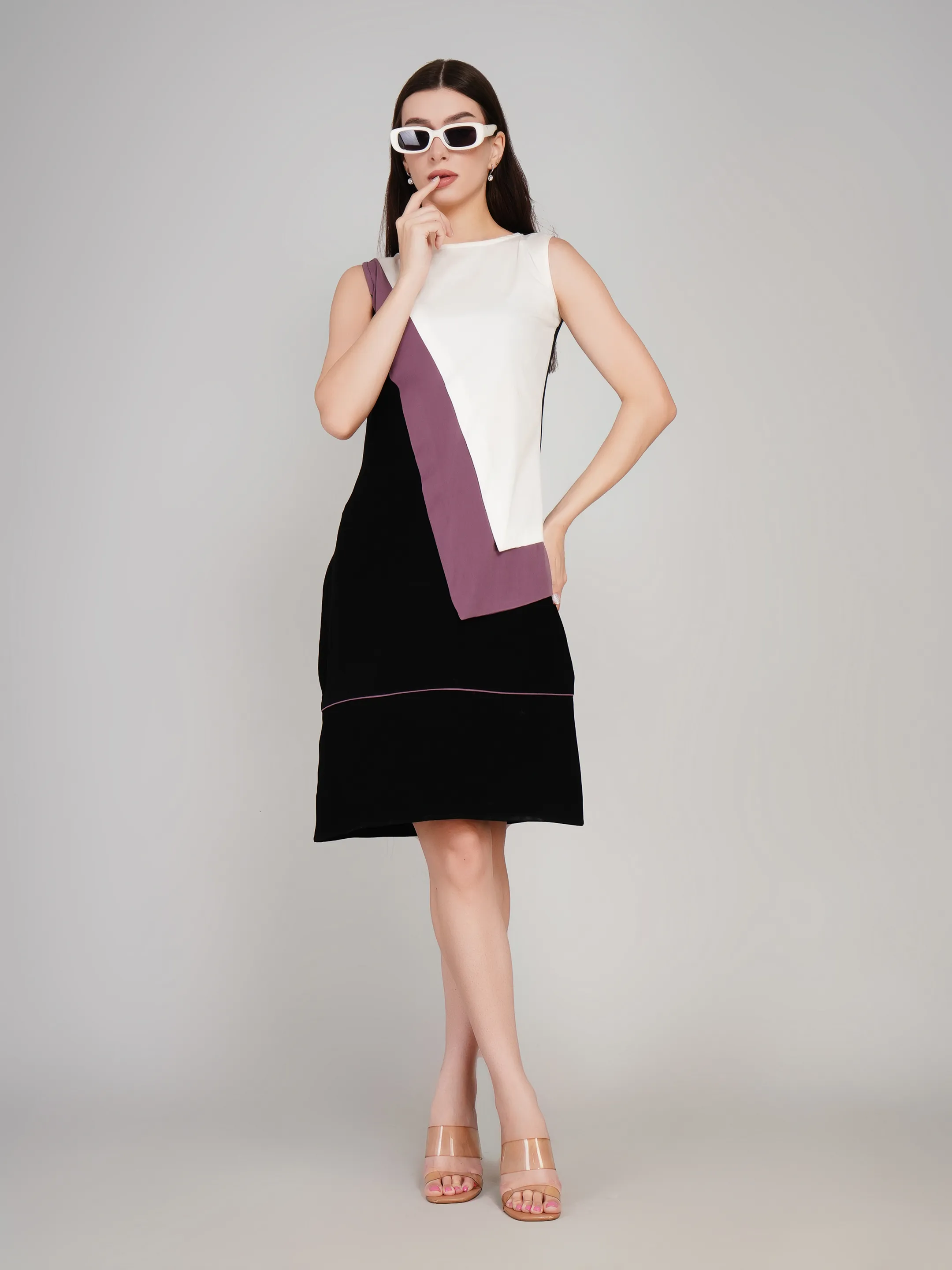 Women Black & White Color-Blocked A-Line Dress with Mauve Diagonal Layers