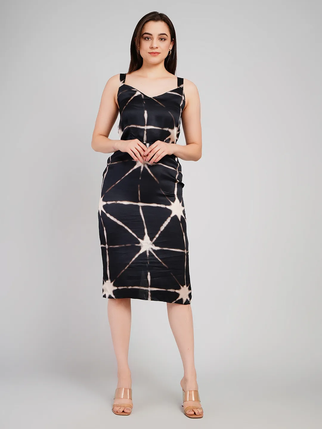 Women Black & Beige Shibori Printed Satin-Finish Midi Sheath Dress