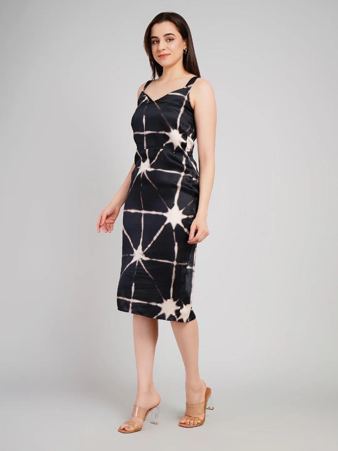 Women Black & Beige Shibori Printed Satin-Finish Midi Sheath Dress