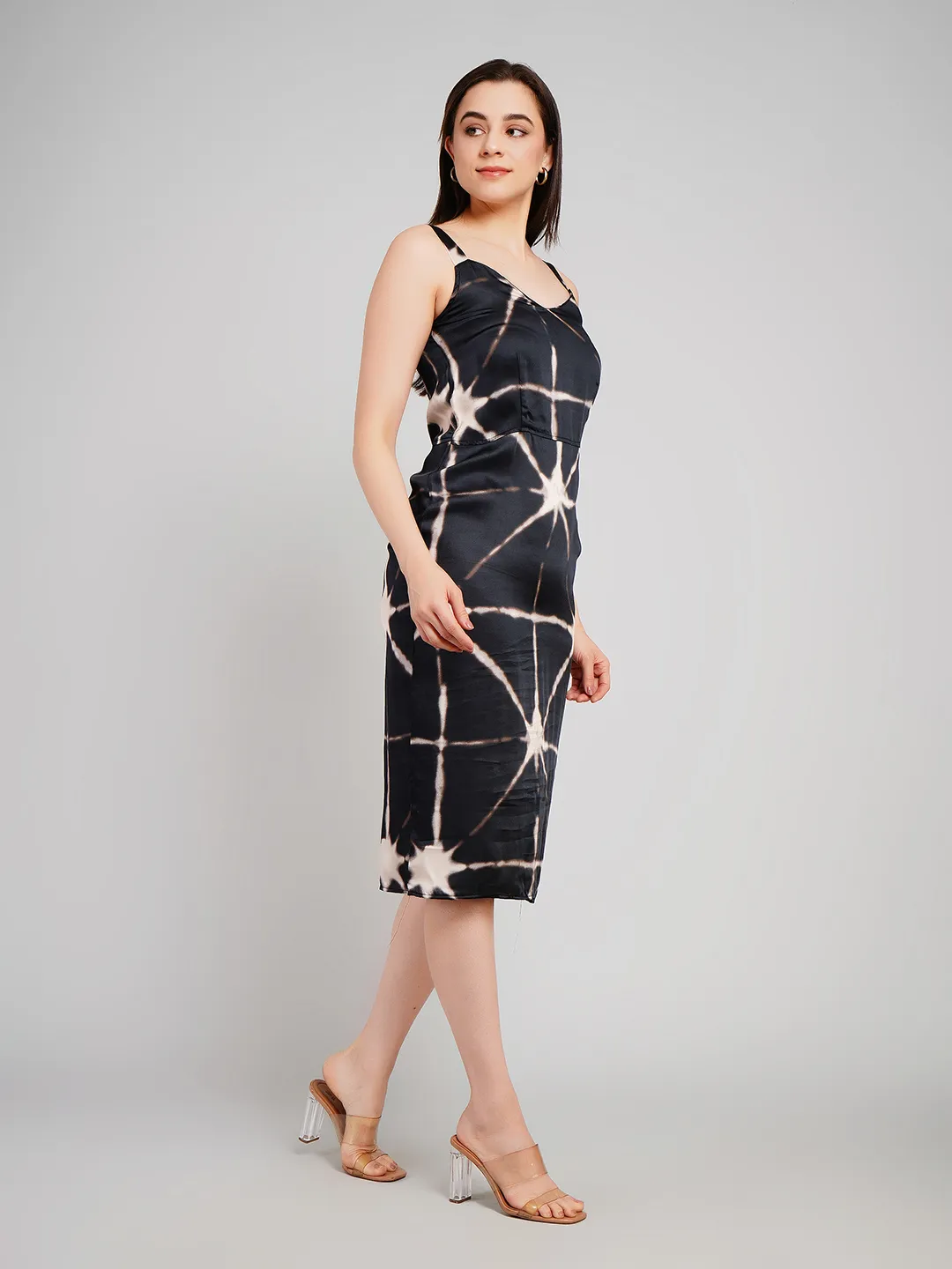 Women Black & Beige Shibori Printed Satin-Finish Midi Sheath Dress