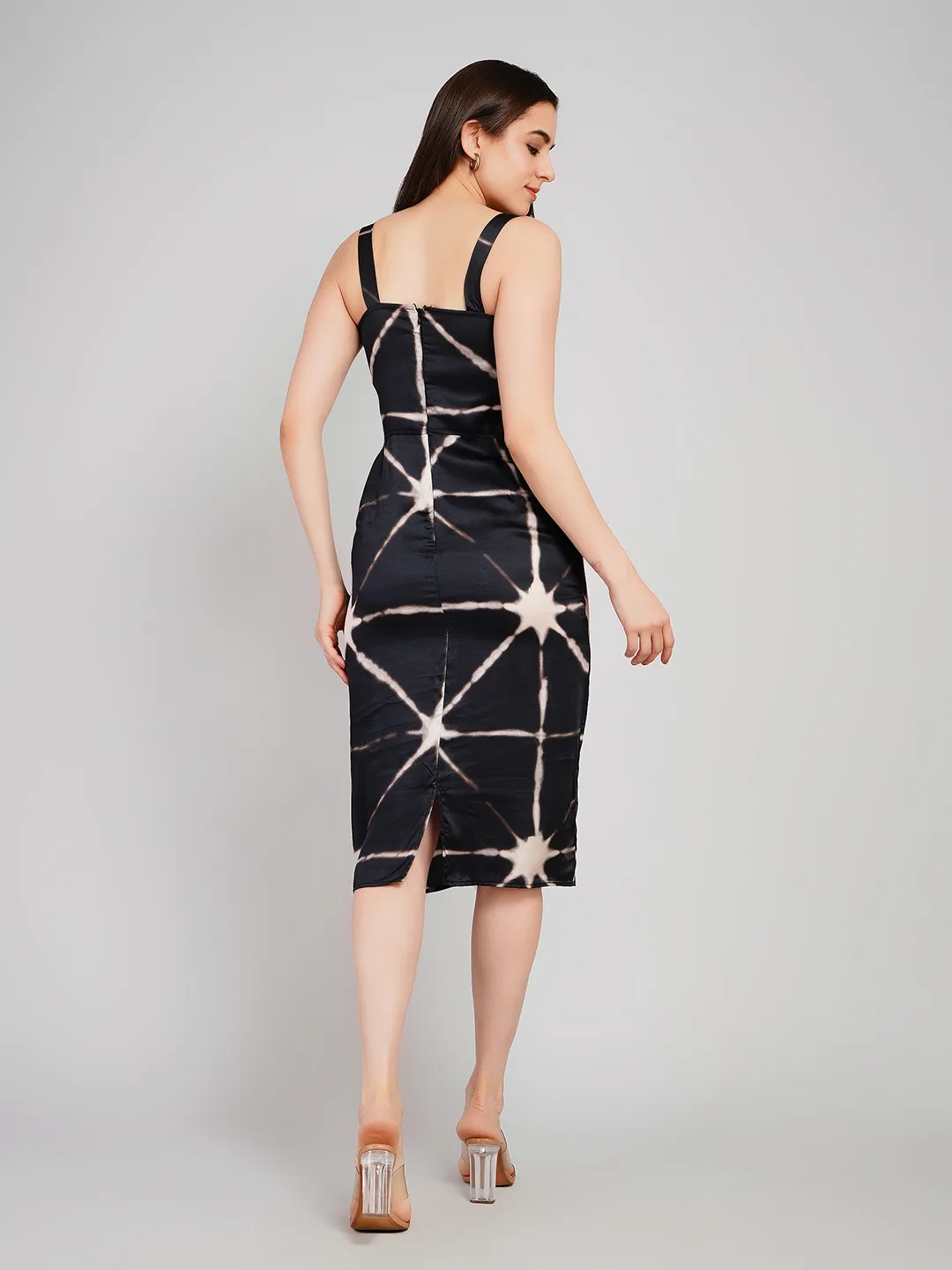 Women Black & Beige Shibori Printed Satin-Finish Midi Sheath Dress