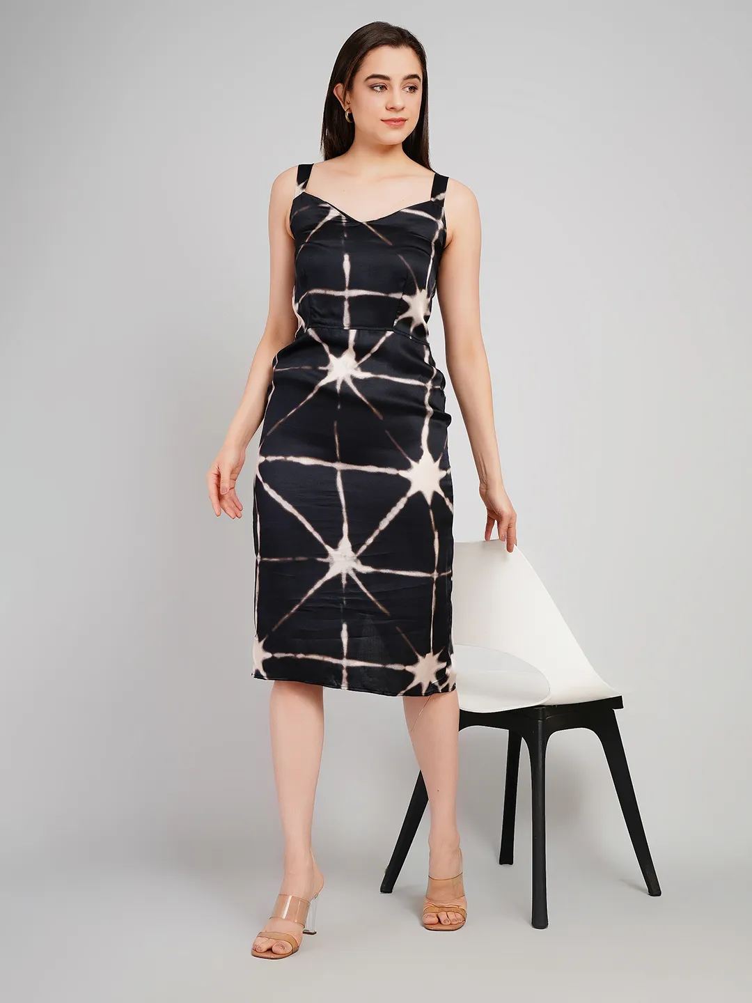 Women Black & Beige Shibori Printed Satin-Finish Midi Sheath Dress
