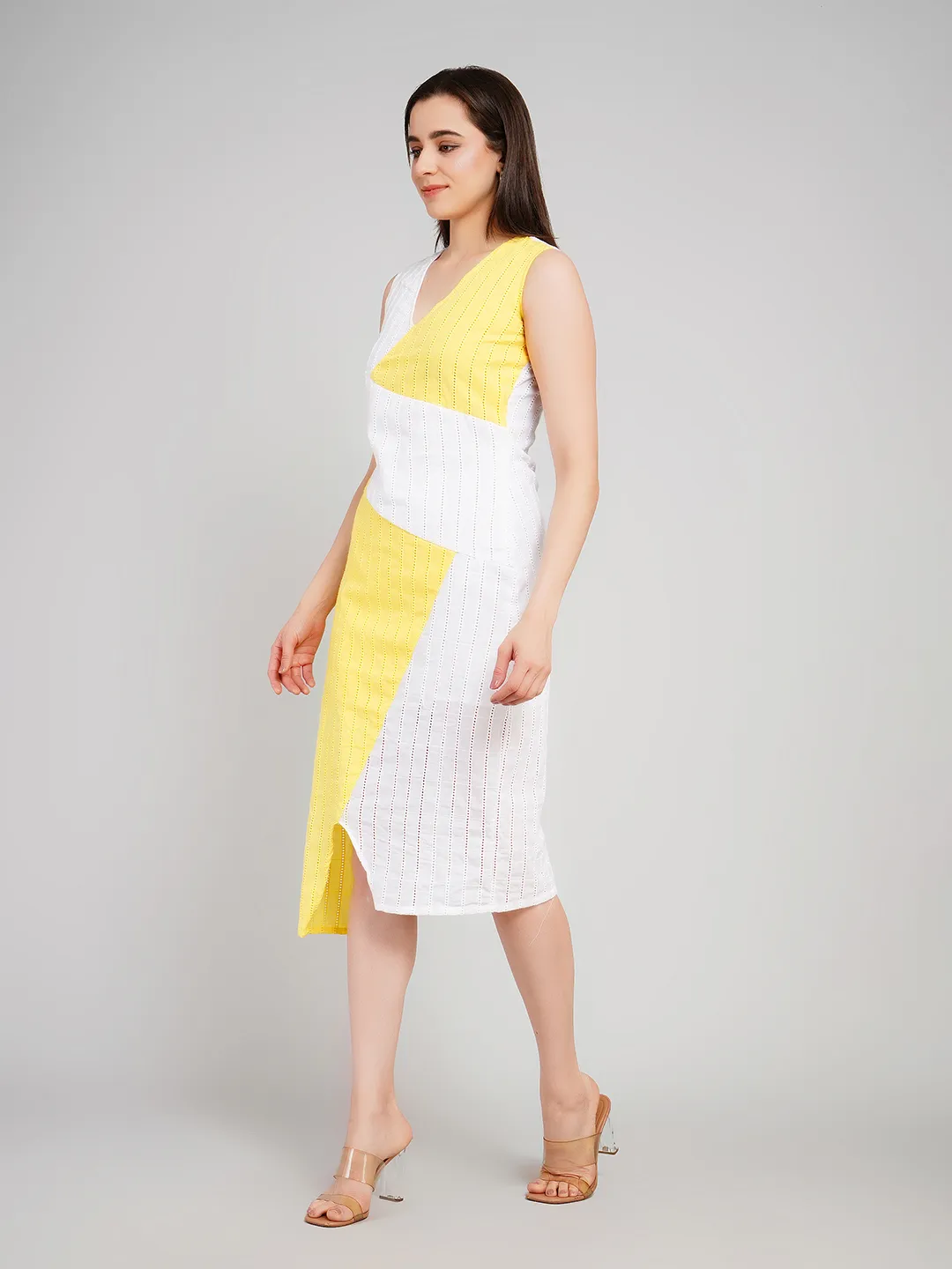 Women Yellow & White Geometric Paneled Sheath Dress with High-Low Hem