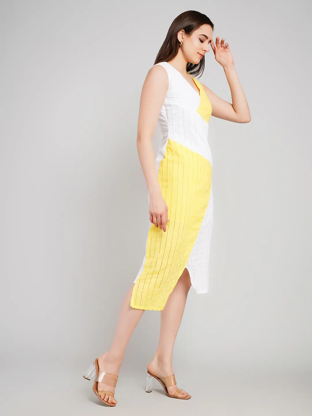 Women Yellow & White Geometric Paneled Sheath Dress with High-Low Hem