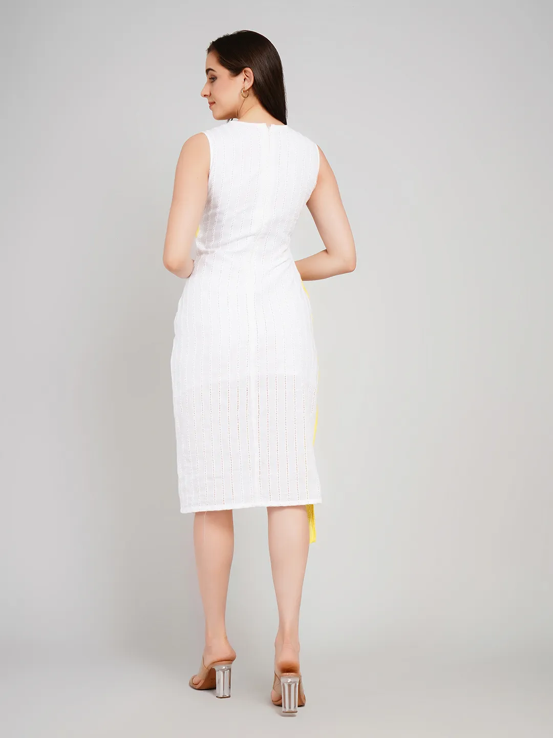Women Yellow & White Geometric Paneled Sheath Dress with High-Low Hem