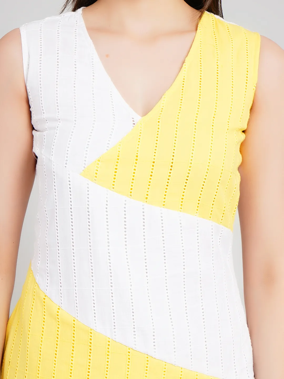 Women Yellow & White Geometric Paneled Sheath Dress with High-Low Hem