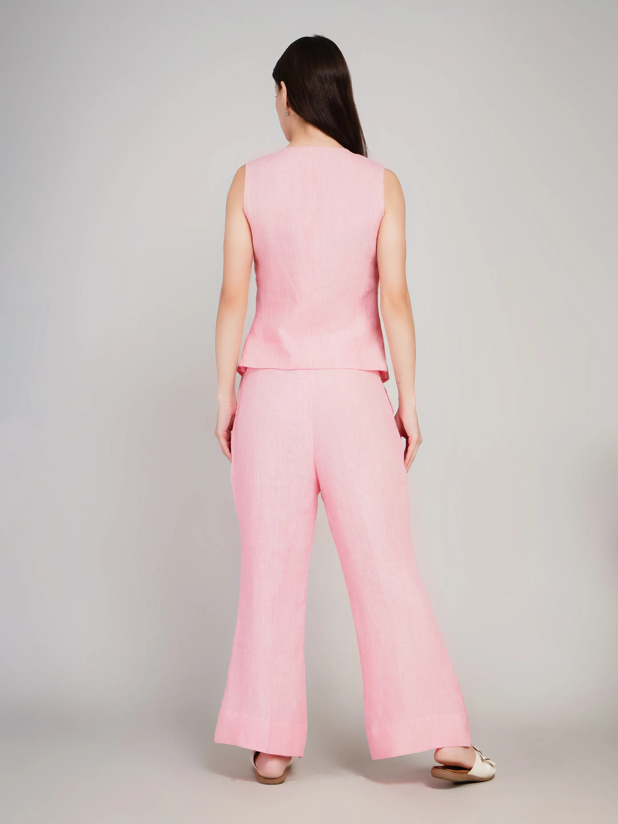 Women Pink Solid 2-Piece Co-Ord Set with Waistcoat & Flared Trousers