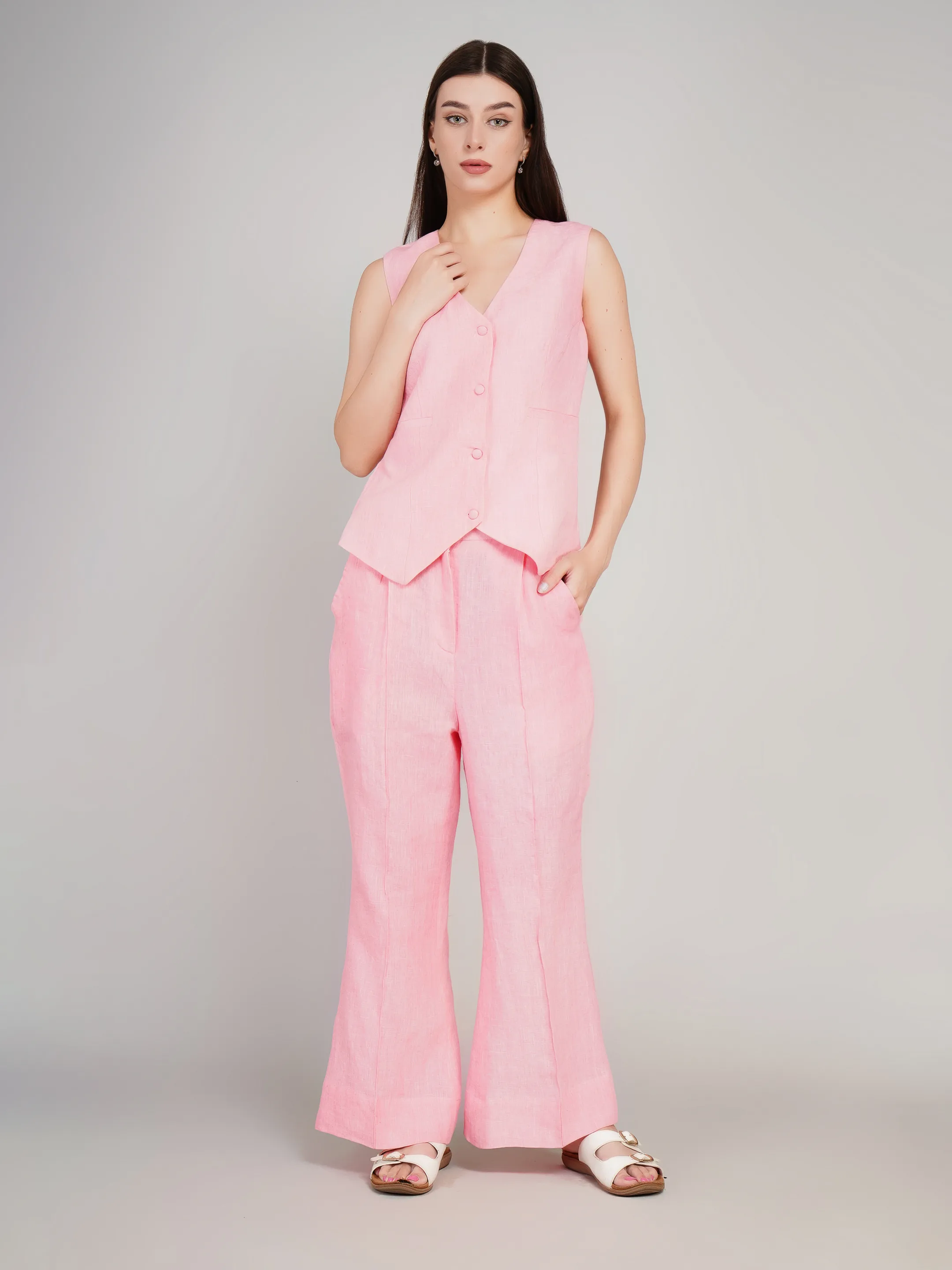 Women Pink Solid 2-Piece Co-Ord Set with Waistcoat & Flared Trousers