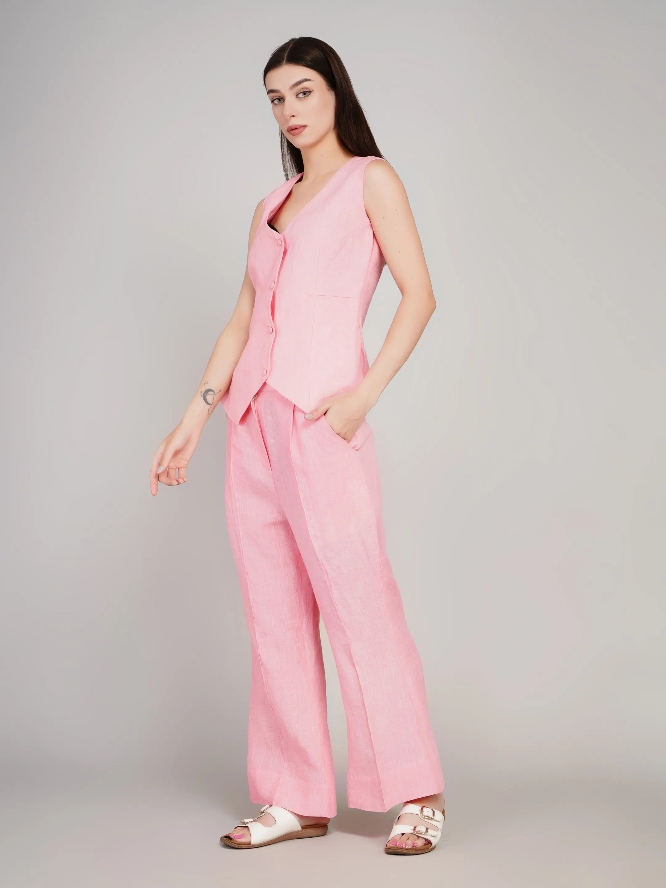 Women Pink Solid 2-Piece Co-Ord Set with Waistcoat & Flared Trousers
