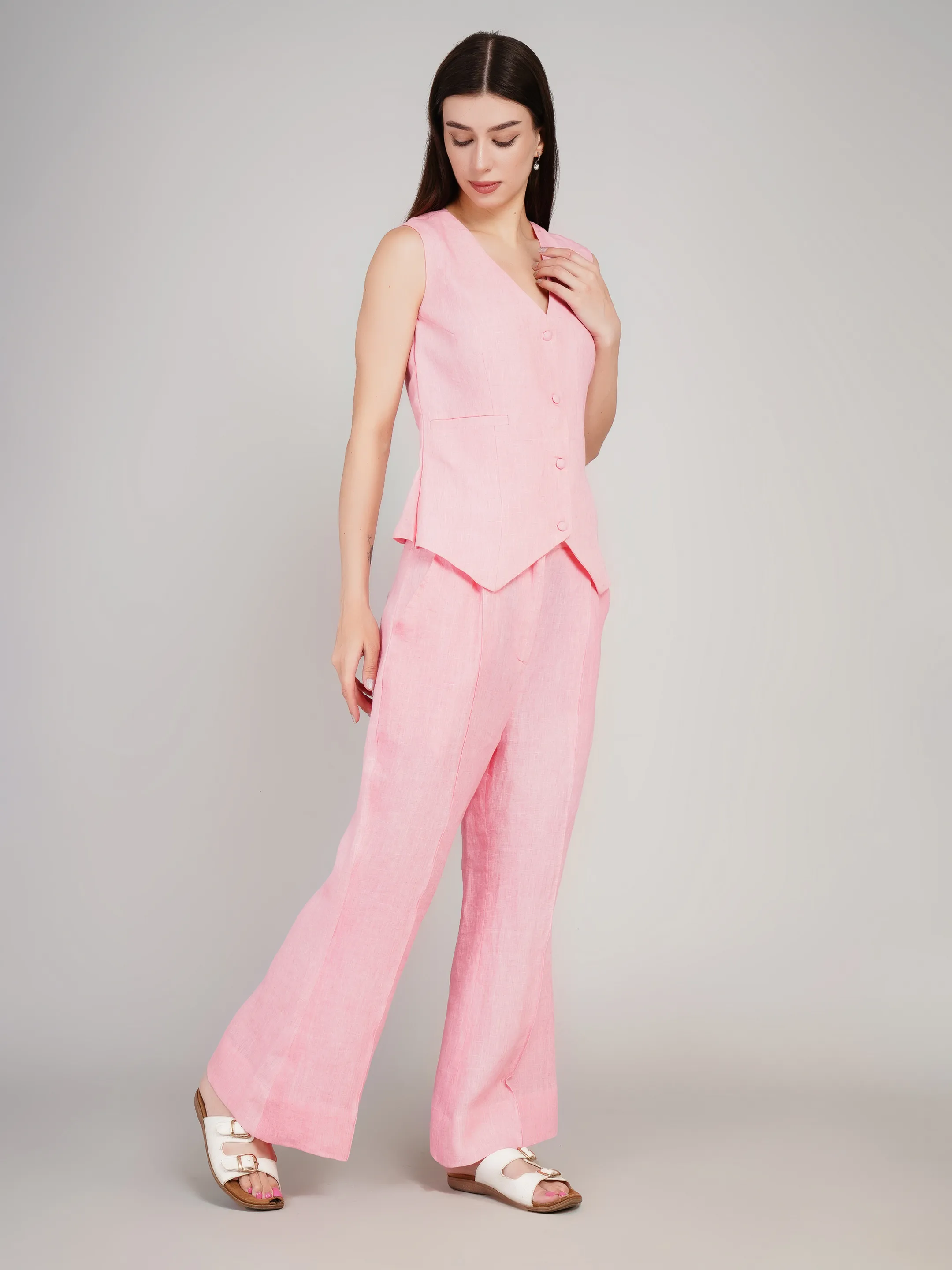 Women Pink Solid 2-Piece Co-Ord Set with Waistcoat & Flared Trousers