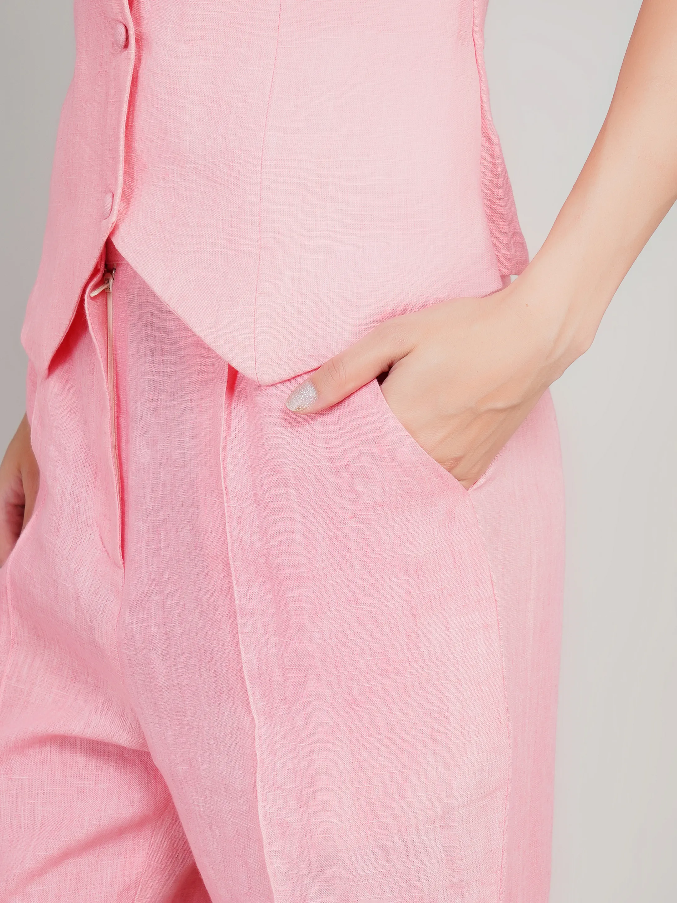 Women Pink Solid 2-Piece Co-Ord Set with Waistcoat & Flared Trousers