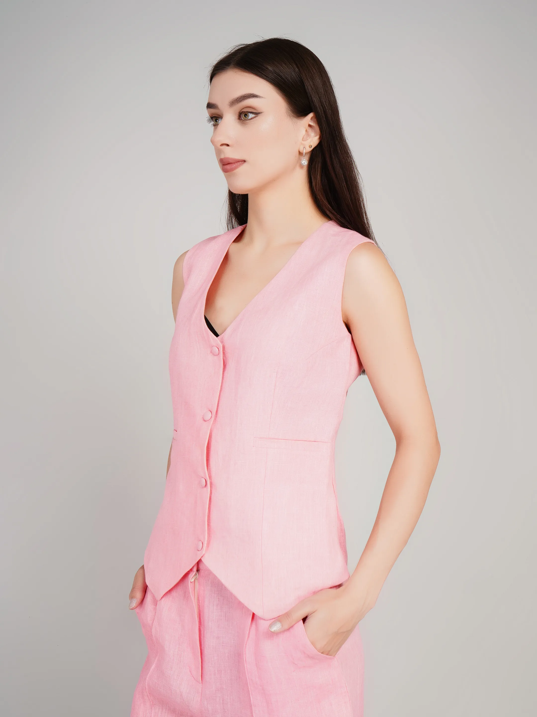 Women Pink Solid 2-Piece Co-Ord Set with Waistcoat & Flared Trousers