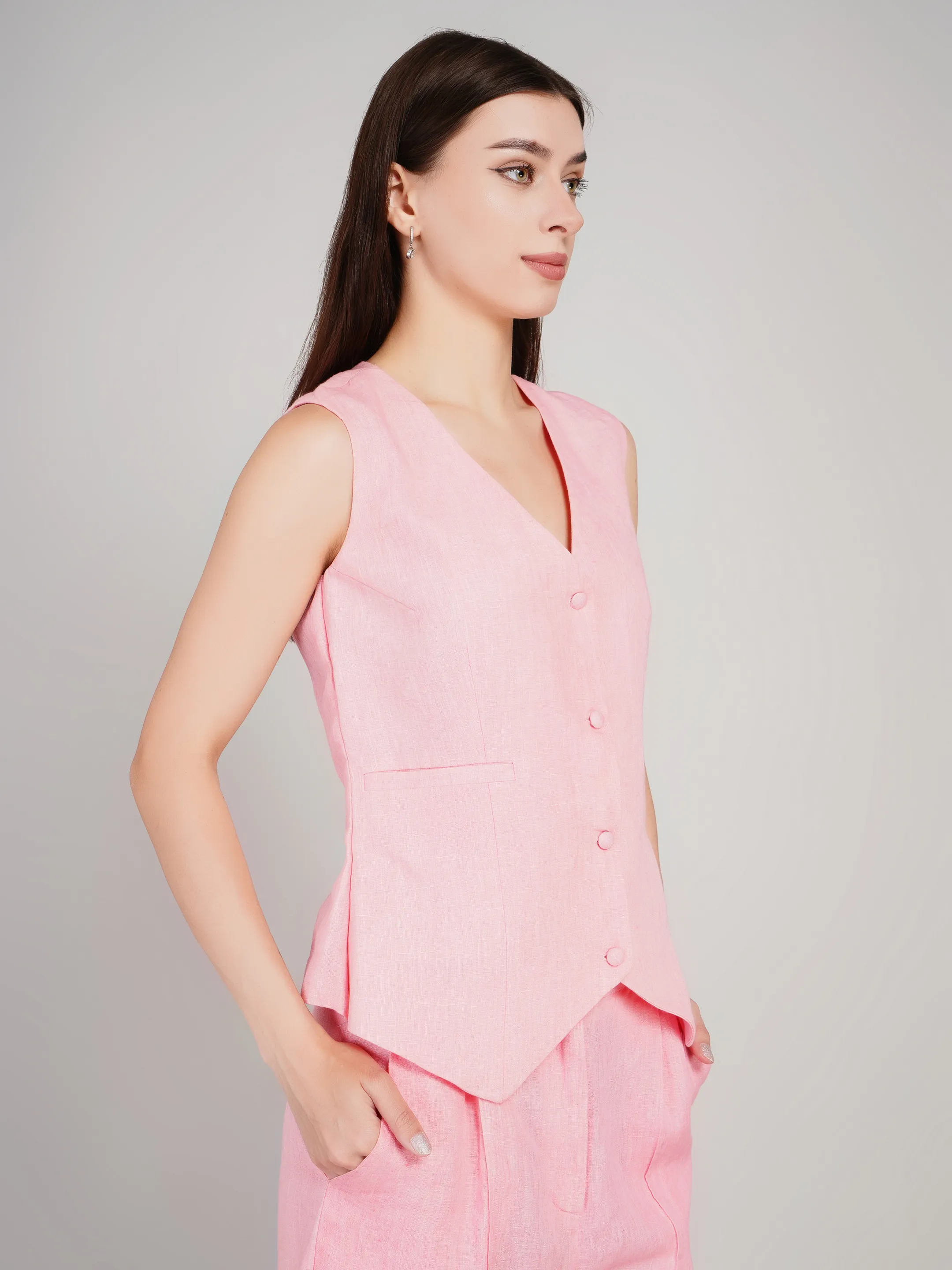 Women Pink Solid 2-Piece Co-Ord Set with Waistcoat & Flared Trousers