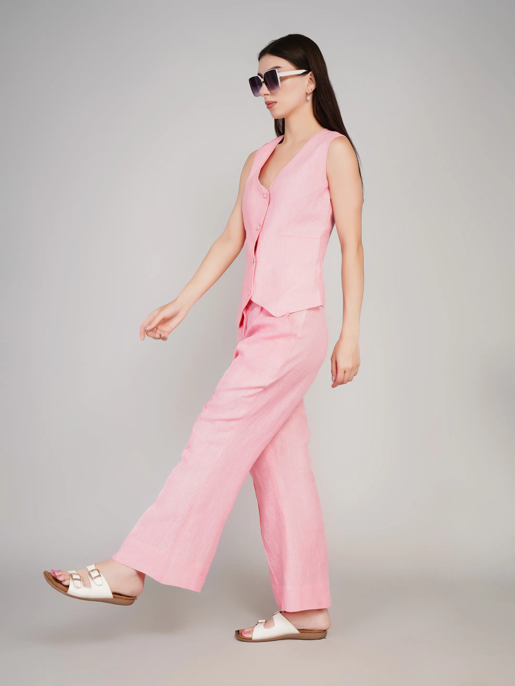 Women Pink Solid 2-Piece Co-Ord Set with Waistcoat & Flared Trousers