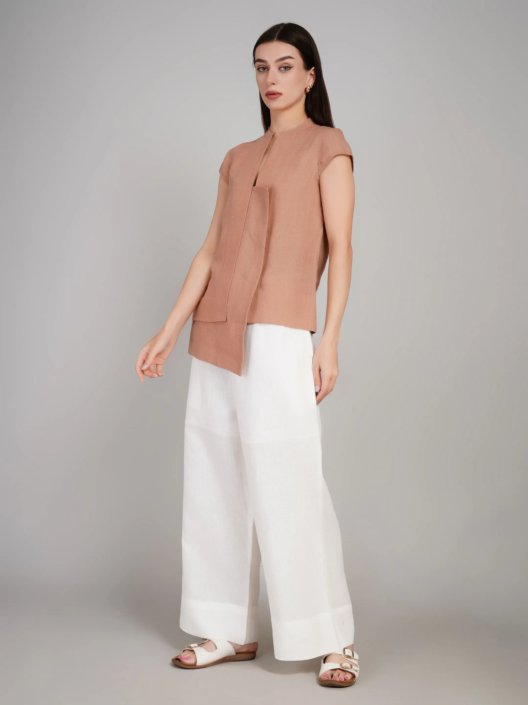 Women Taupe & White 2-Piece Co-Ord Set with Asymmetric Layered Tunic