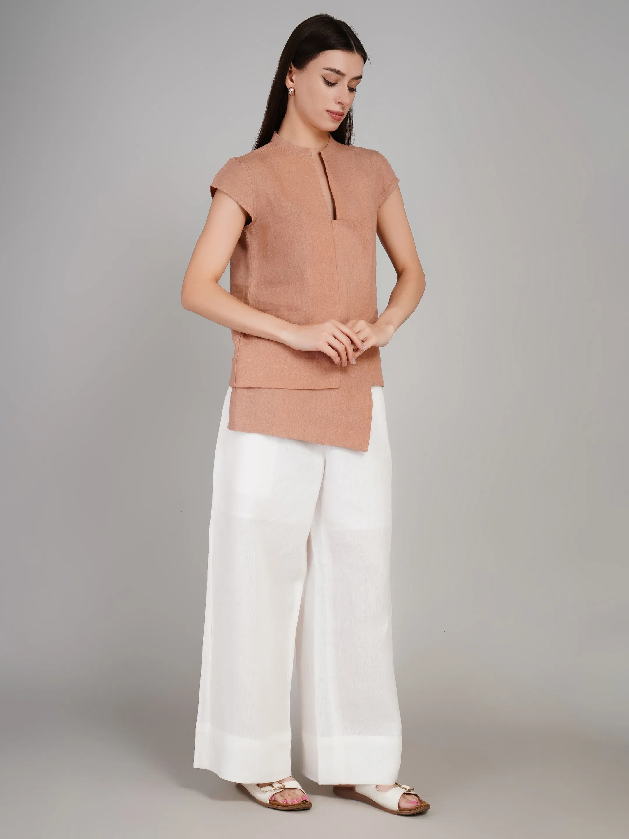 Women Taupe & White 2-Piece Co-Ord Set with Asymmetric Layered Tunic