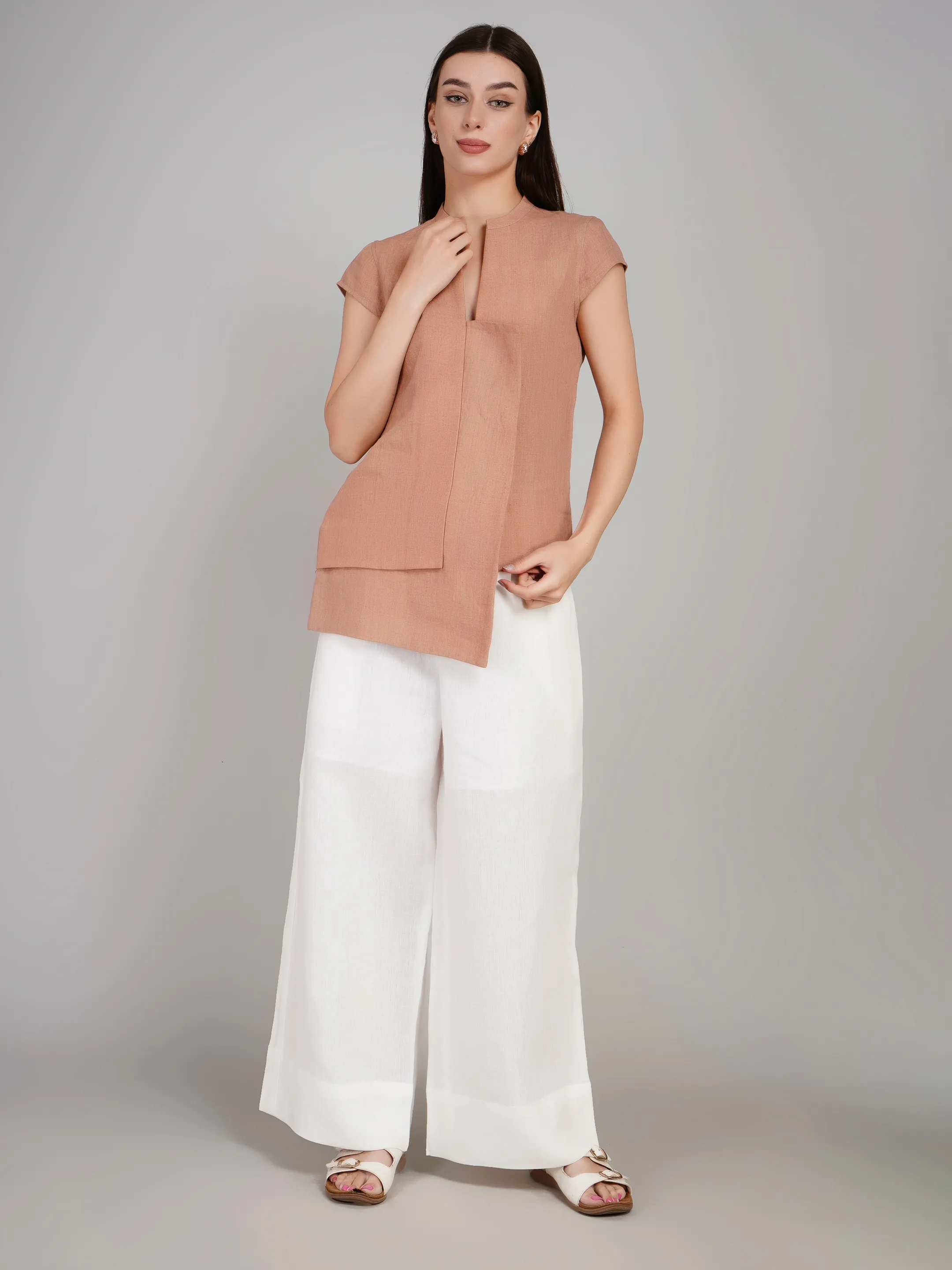 Women Taupe & White 2-Piece Co-Ord Set with Asymmetric Layered Tunic