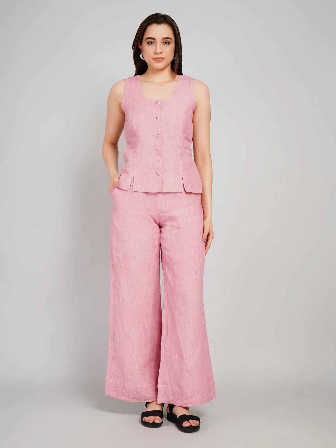 Women Pink Linen-Look Co-Ord Set with Button-Front Vest & Trousers