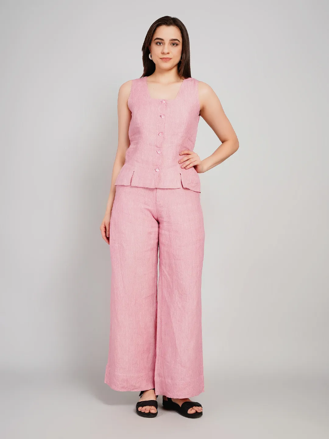 Women Pink Linen-Look Co-Ord Set with Button-Front Vest & Trousers