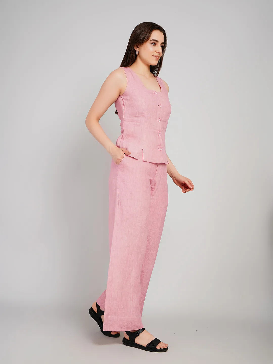 Women Pink Linen-Look Co-Ord Set with Button-Front Vest & Trousers