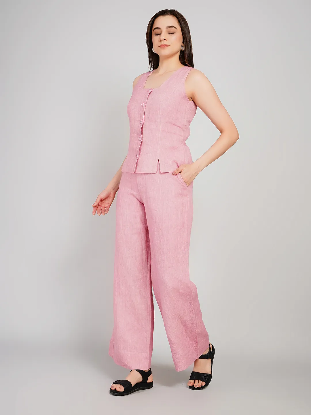 Women Pink Linen-Look Co-Ord Set with Button-Front Vest & Trousers