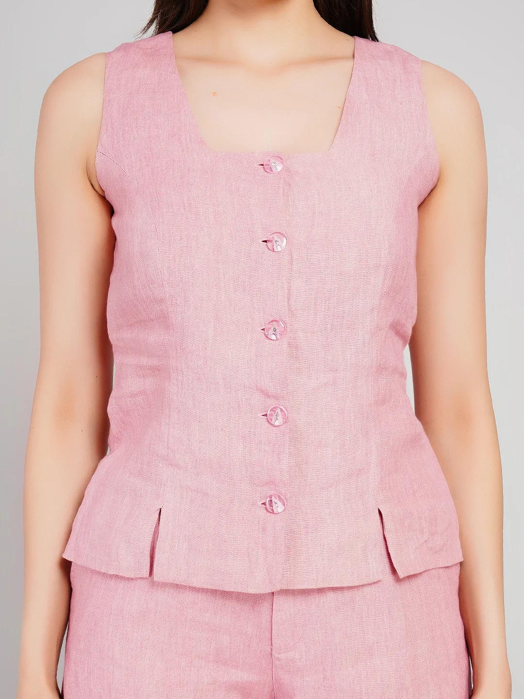 Women Pink Linen-Look Co-Ord Set with Button-Front Vest & Trousers