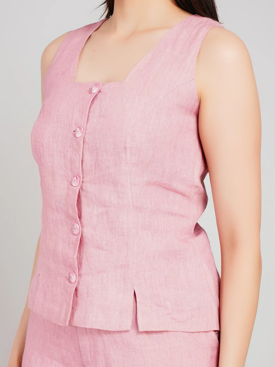Women Pink Linen-Look Co-Ord Set with Button-Front Vest & Trousers