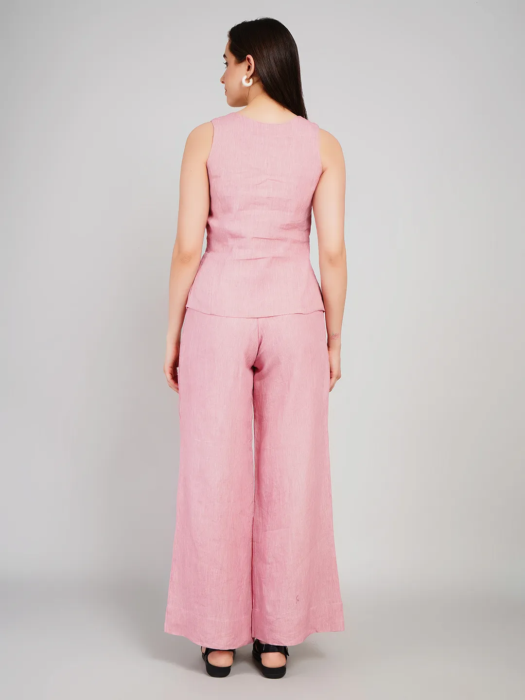 Women Pink Linen-Look Co-Ord Set with Button-Front Vest & Trousers