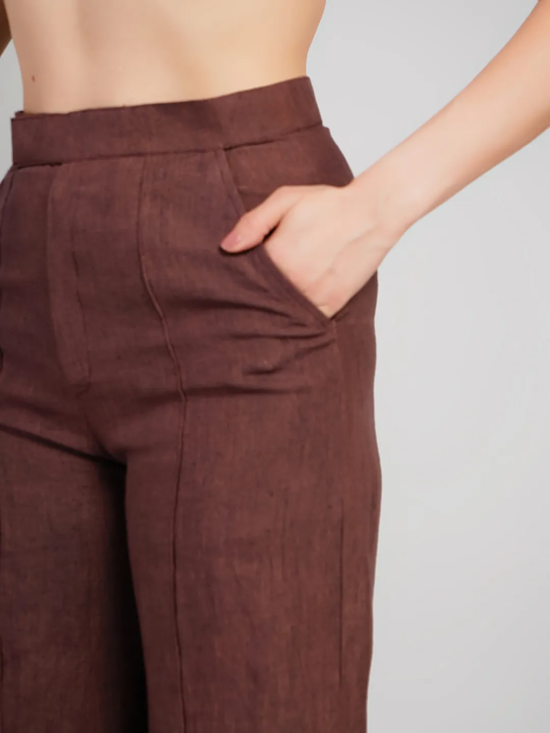 Women Coffee Brown Solid 2-Piece Co-Ord Set with V-Neck Top & Wide-Leg Trousers