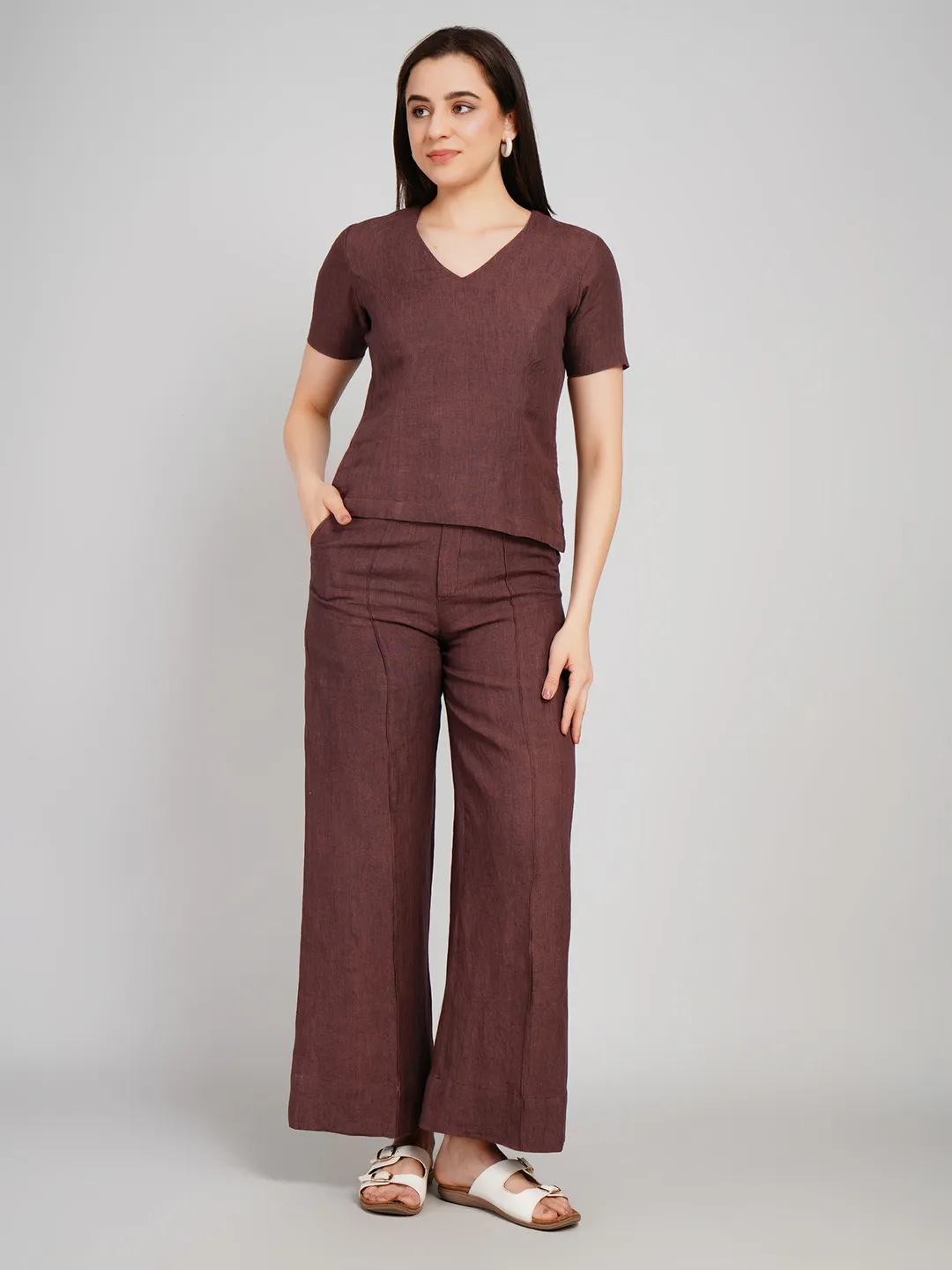 Women Coffee Brown Solid 2-Piece Co-Ord Set with V-Neck Top & Wide-Leg Trousers