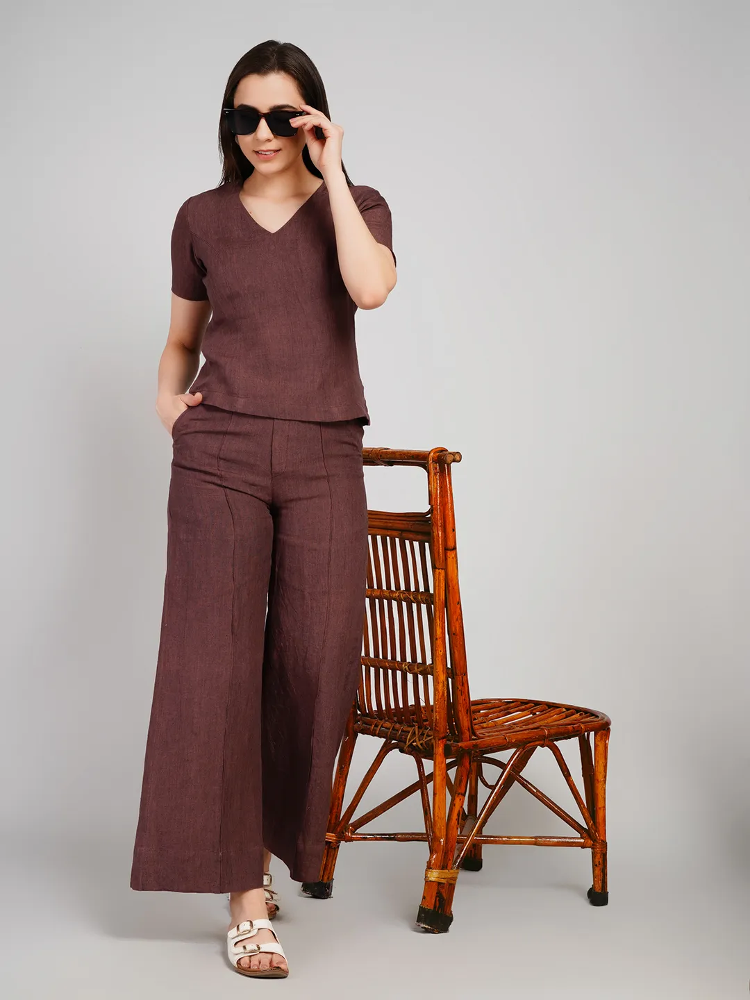 Women Coffee Brown Solid 2-Piece Co-Ord Set with V-Neck Top & Wide-Leg Trousers