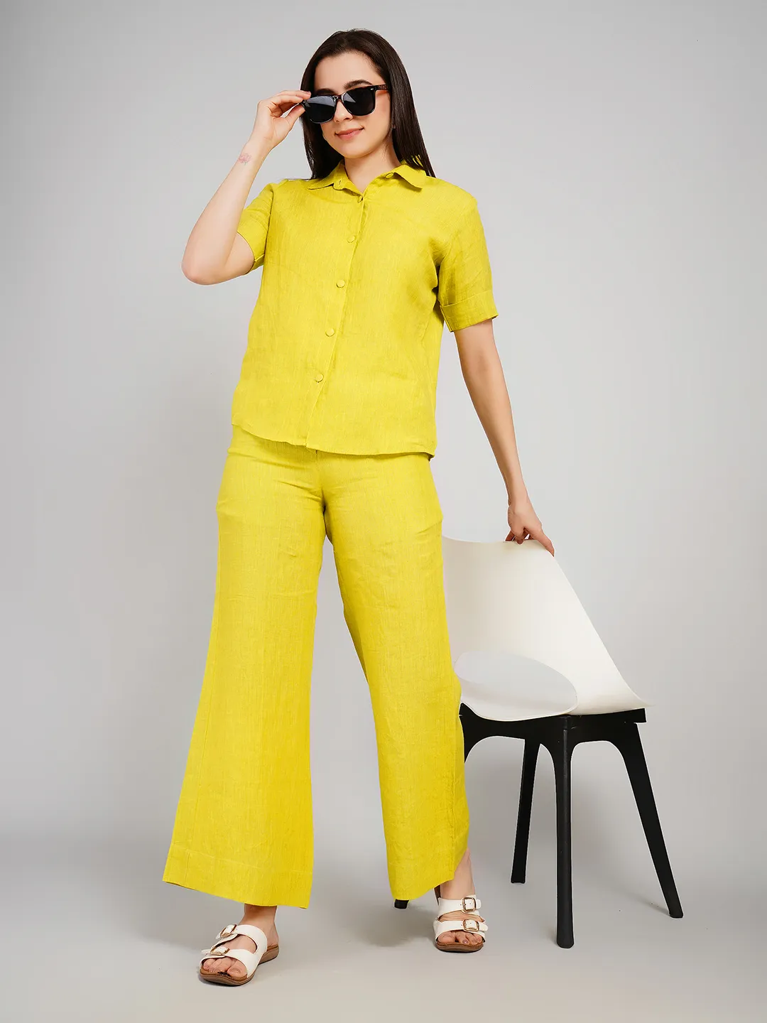 Women Lime Textured Relaxed Fit Co-Ord Set with Parallel Pants