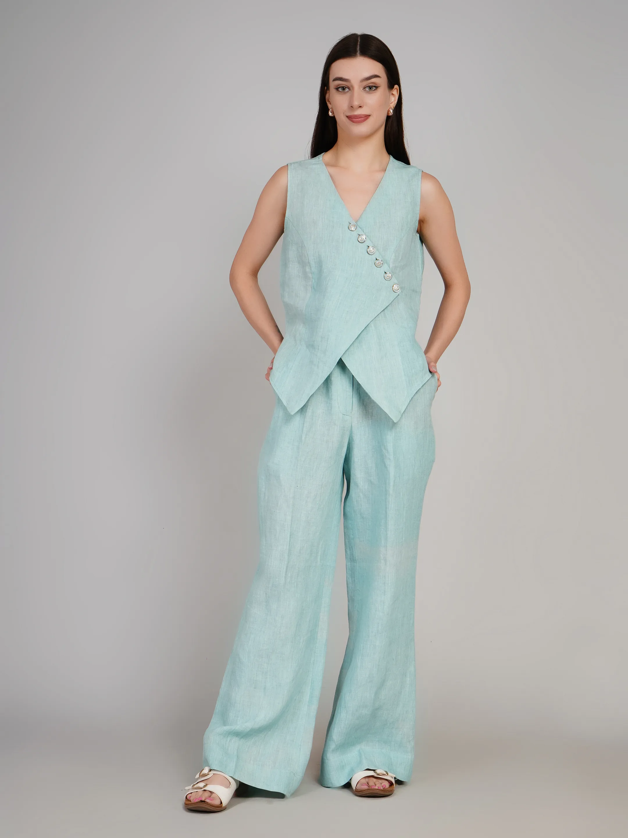 Luxe Sea Textured Co-Ord Set with Overlap Vest & Parallel Pants