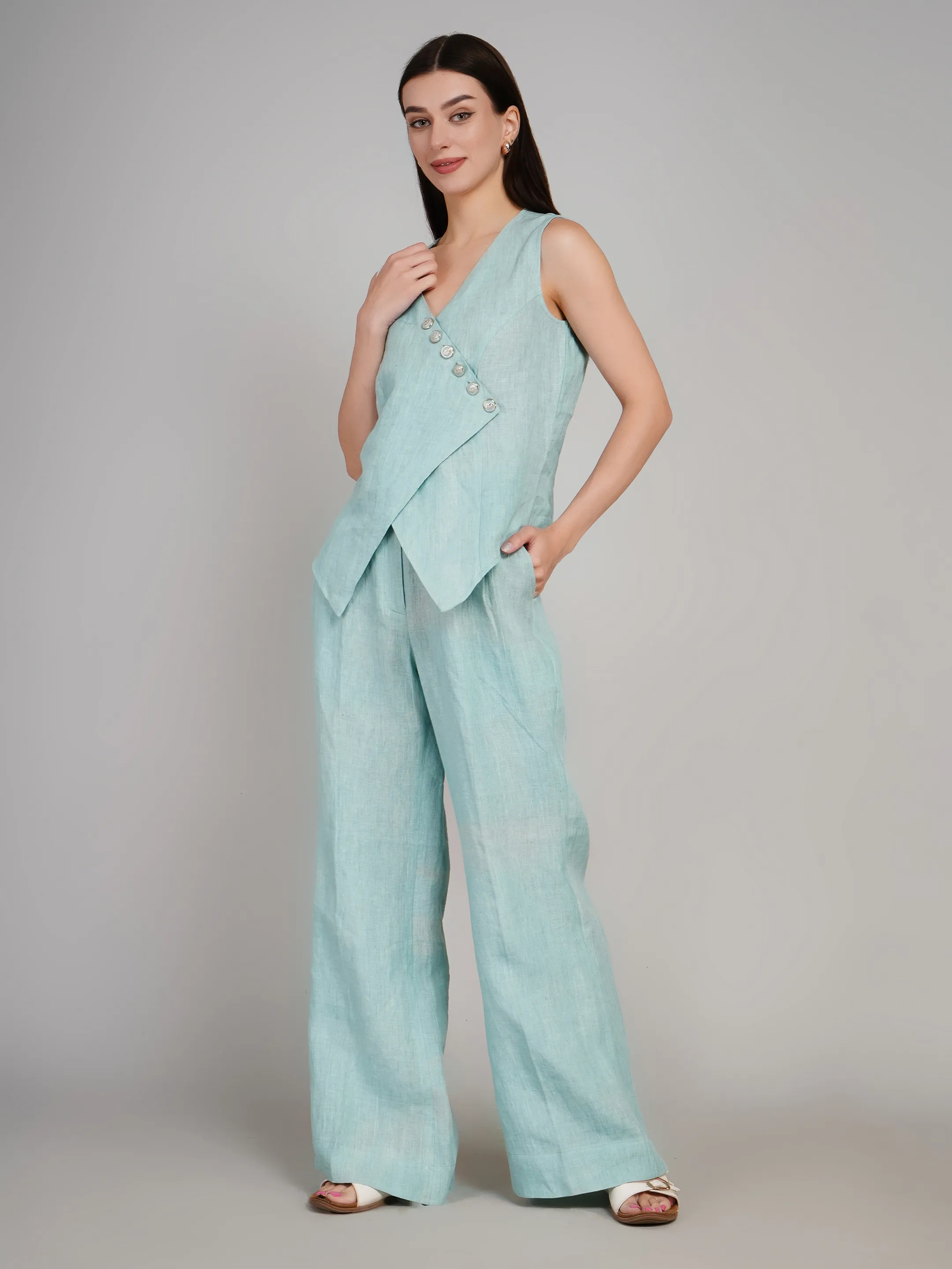 Luxe Sea Textured Co-Ord Set with Overlap Vest & Parallel Pants