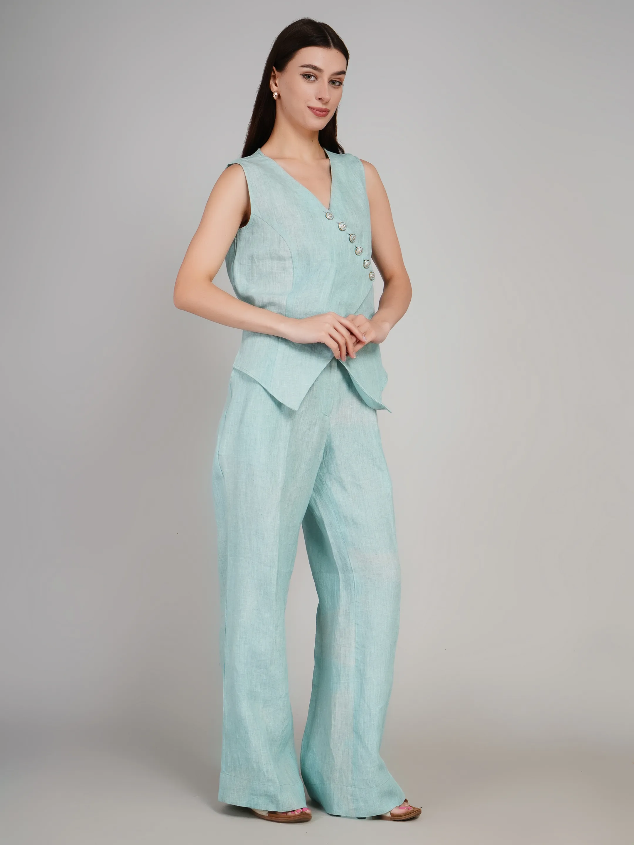 Luxe Sea Textured Co-Ord Set with Overlap Vest & Parallel Pants