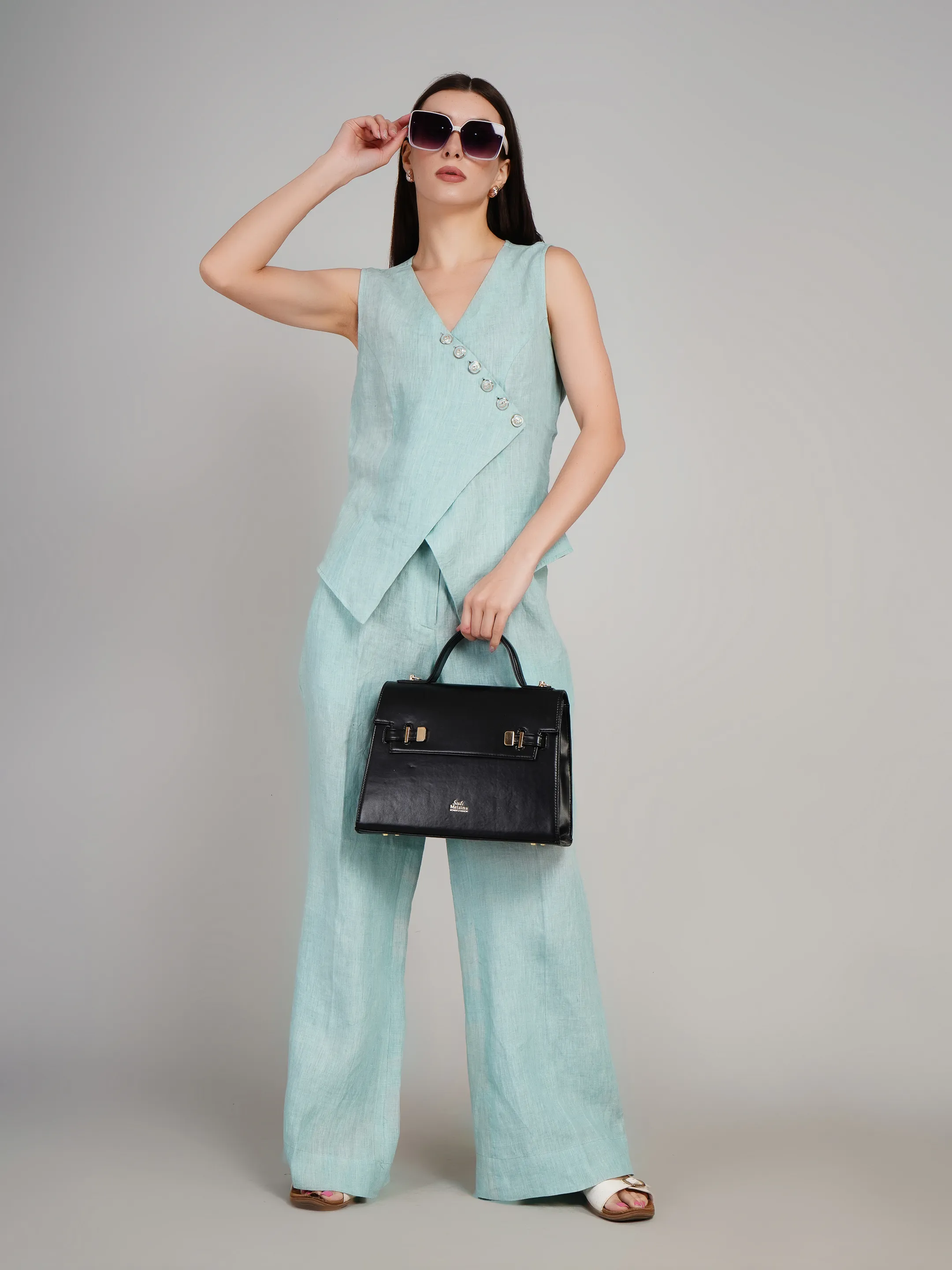 Luxe Sea Textured Co-Ord Set with Overlap Vest & Parallel Pants