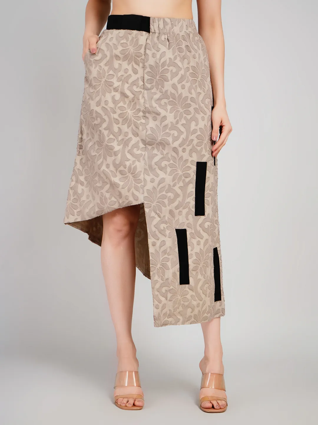 Women Beige & Black Self-Design Co-Ord Set with Asymmetric Skirt