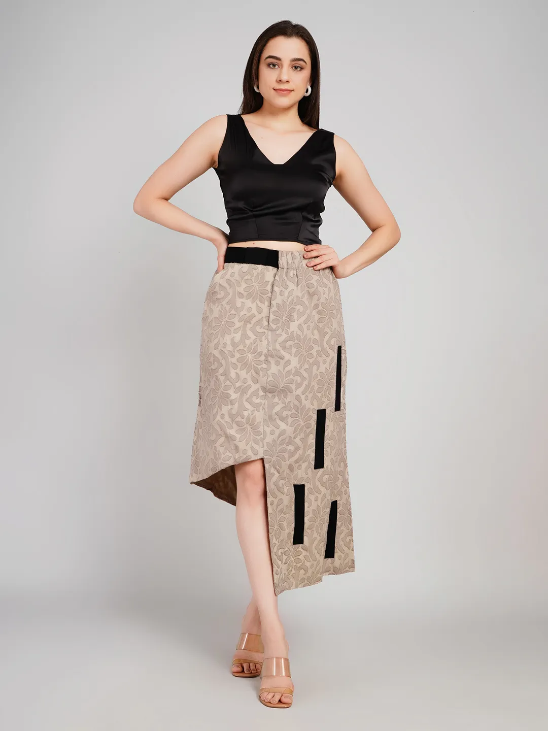 Women Beige & Black Self-Design Co-Ord Set with Asymmetric Skirt