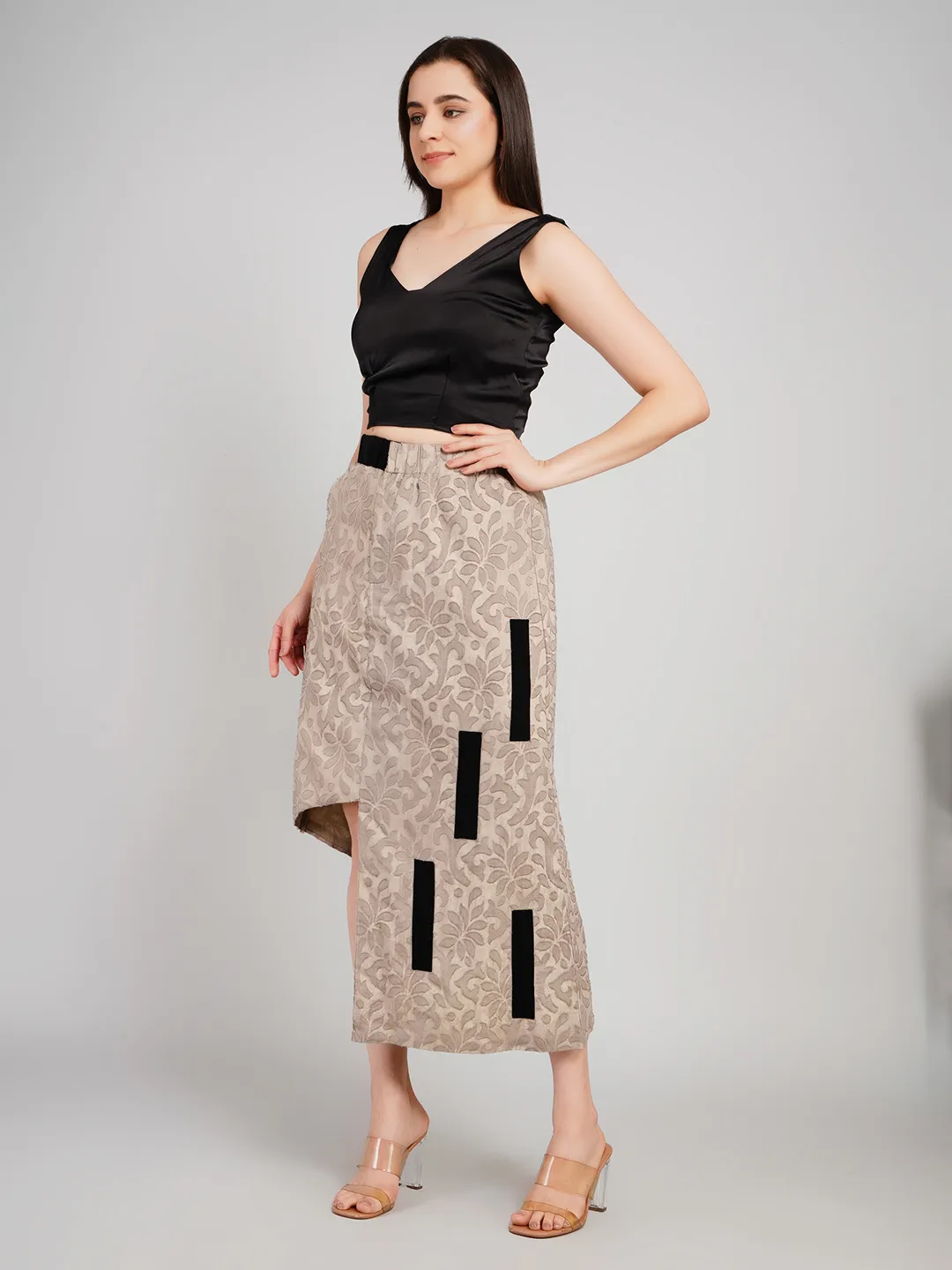 Women Beige & Black Self-Design Co-Ord Set with Asymmetric Skirt