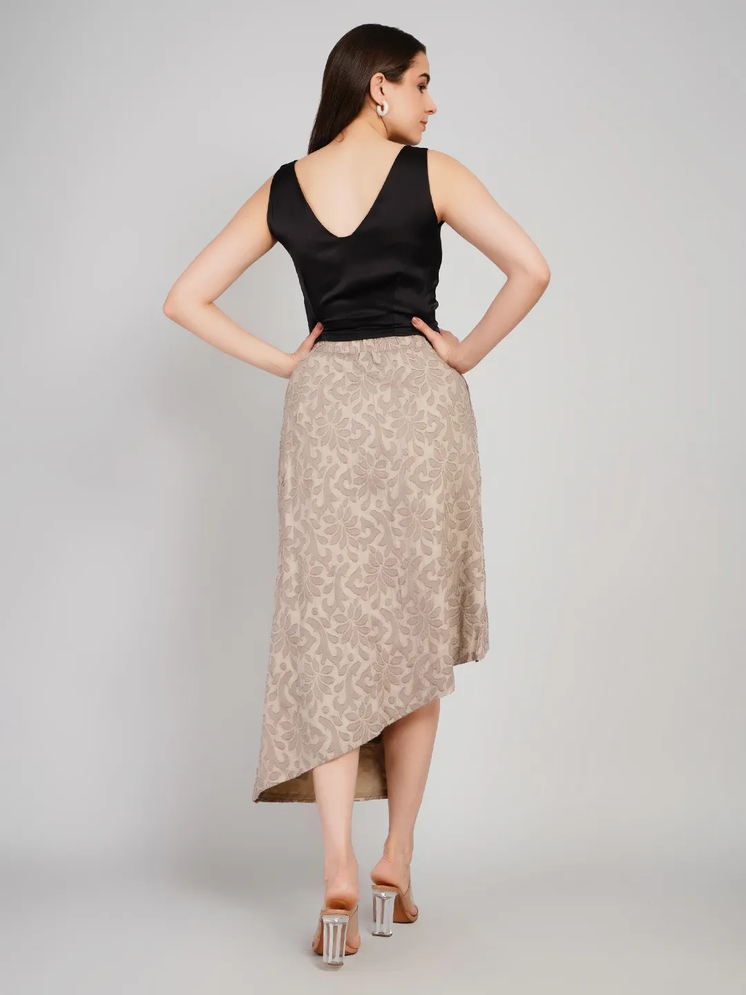 Women Beige & Black Self-Design Co-Ord Set with Asymmetric Skirt