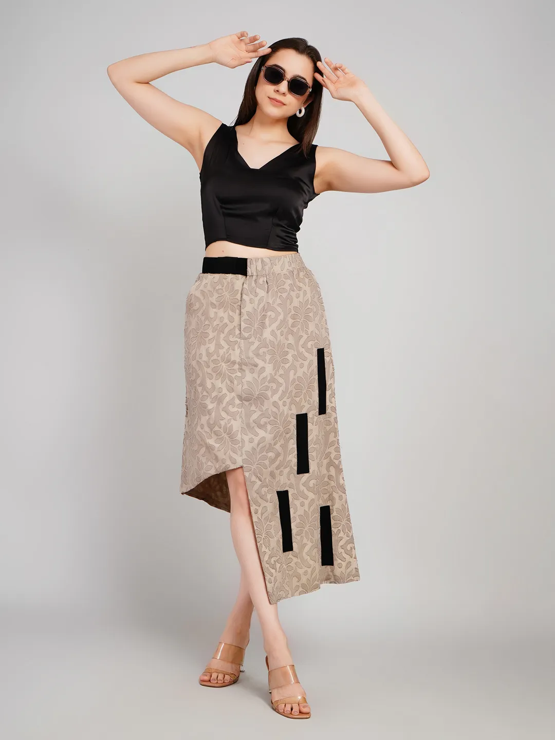 Women Beige & Black Self-Design Co-Ord Set with Asymmetric Skirt