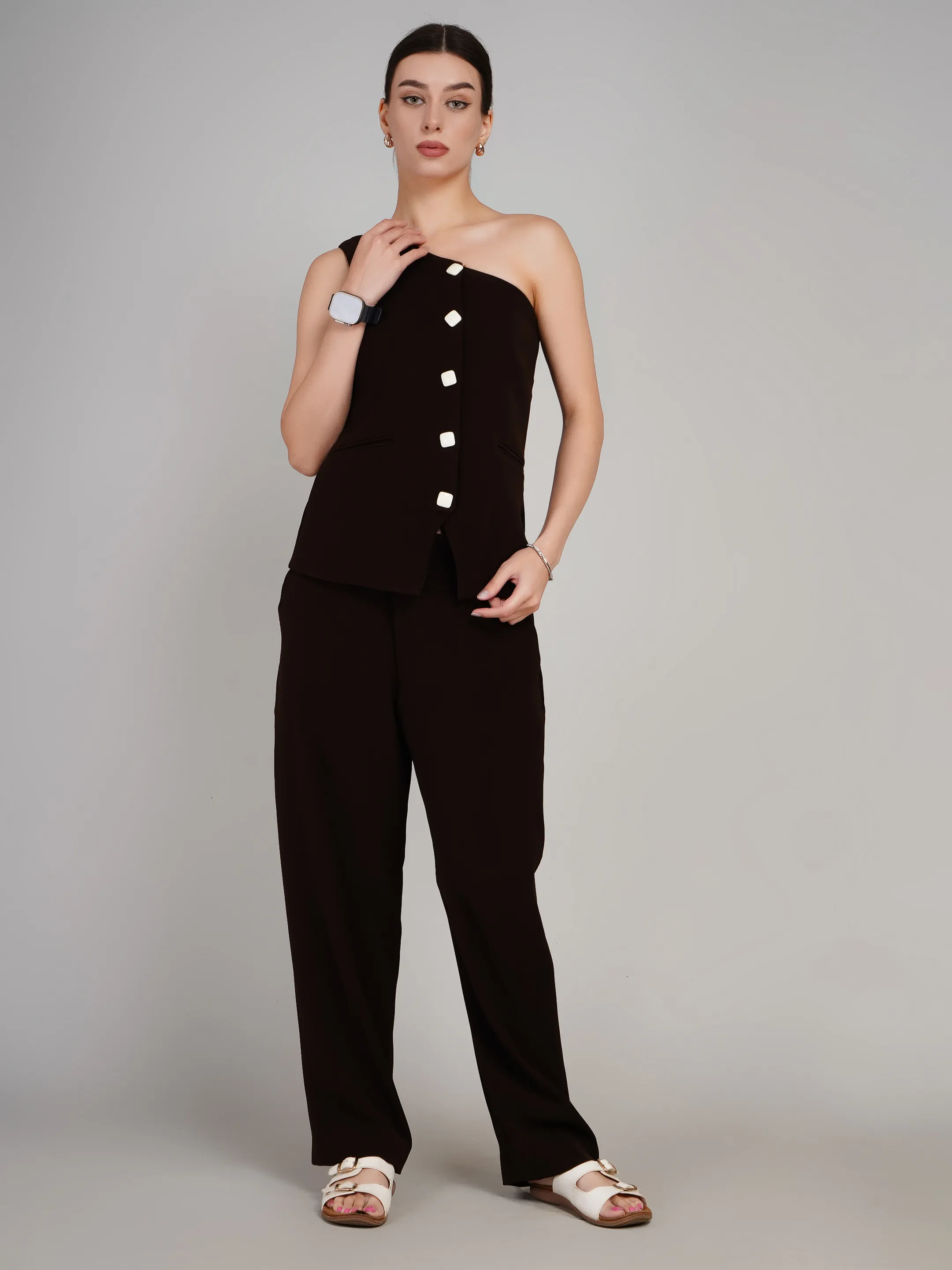 CHOCOLATE BROWN ONE SHOULDER  CORDED SET 